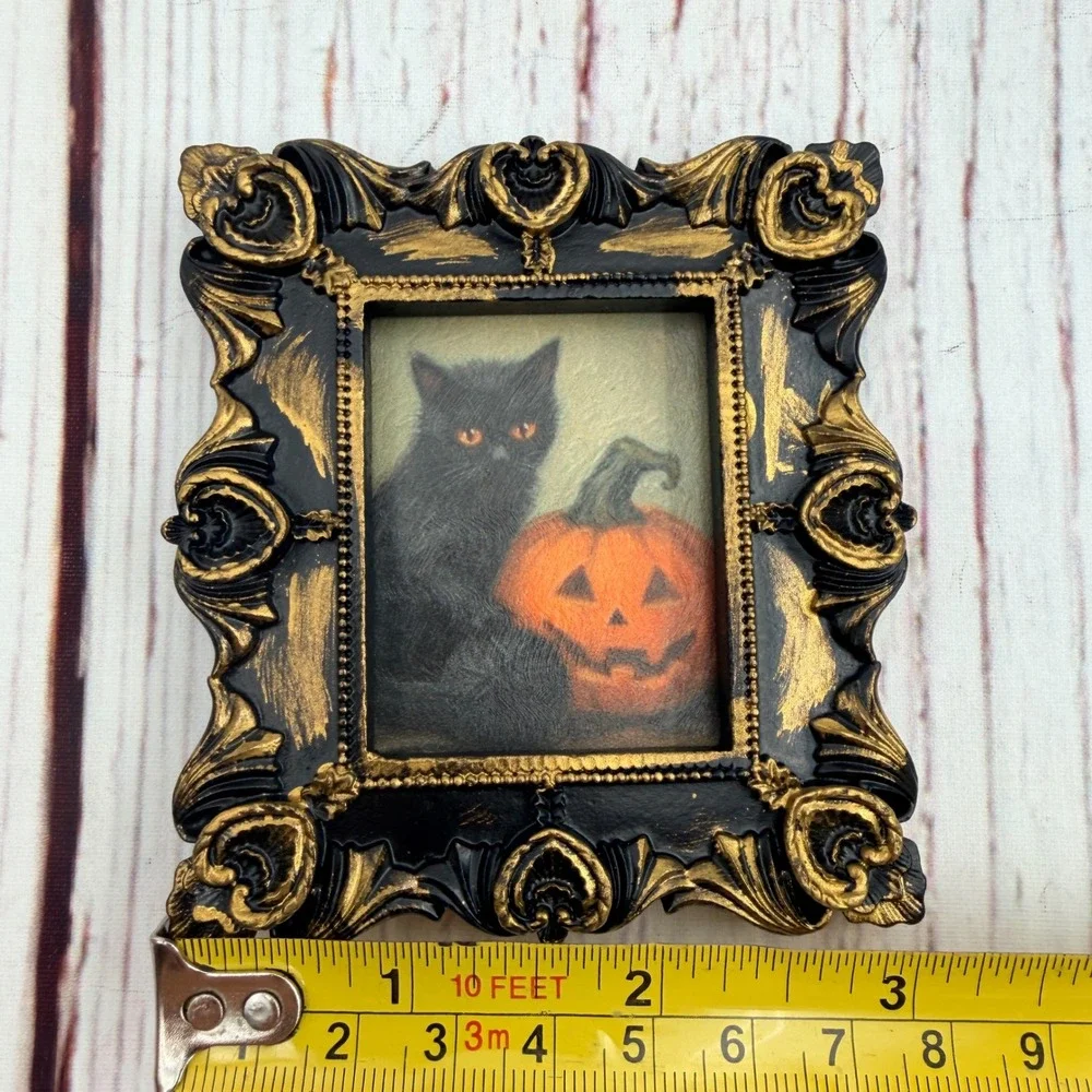 Vintage Black Cat Pumpkin Halloween Decoupage Art Ornate Gold Black Resin Frame